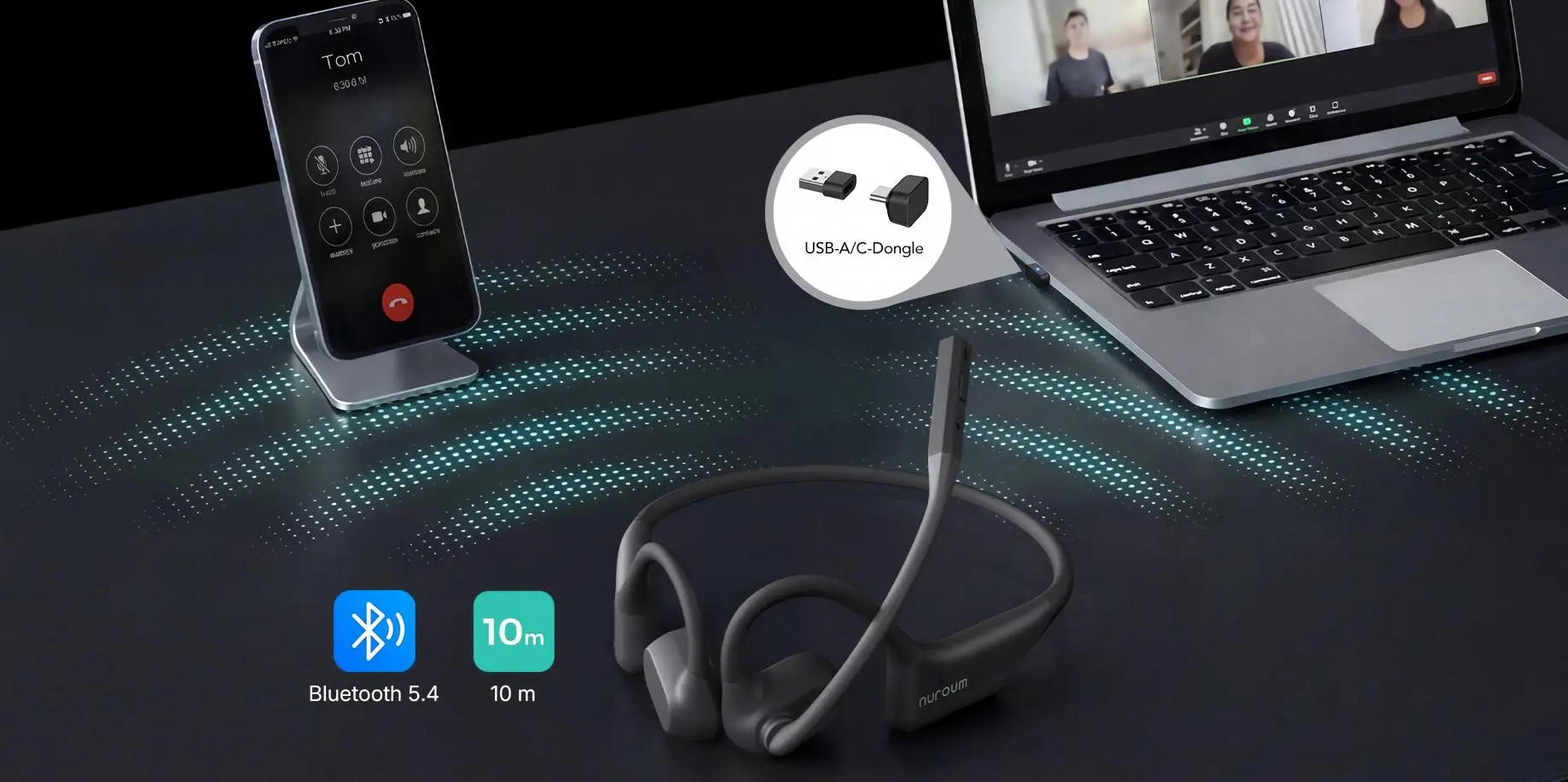 Nuroum Open-Ear-Headset mit Bluetooth 5.4, 10 m Reichweite und USB-A/C-Dongle für die Verbindung mit Laptop und Smartphone.