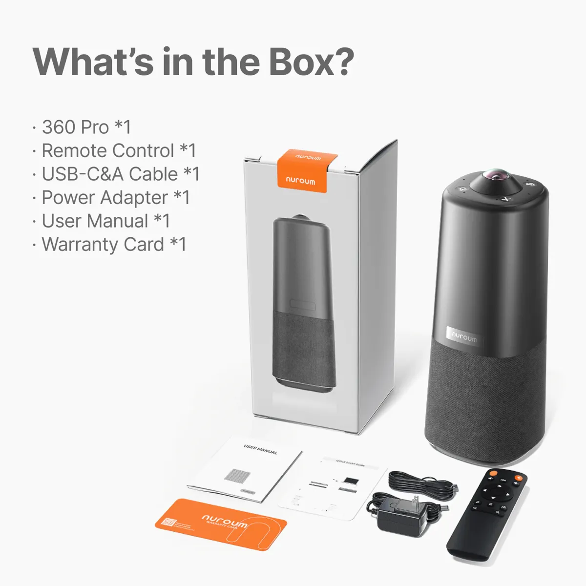 Nuroum 360 Pro C50 box contents including camera, remote, USB cable, power adapter and documentation