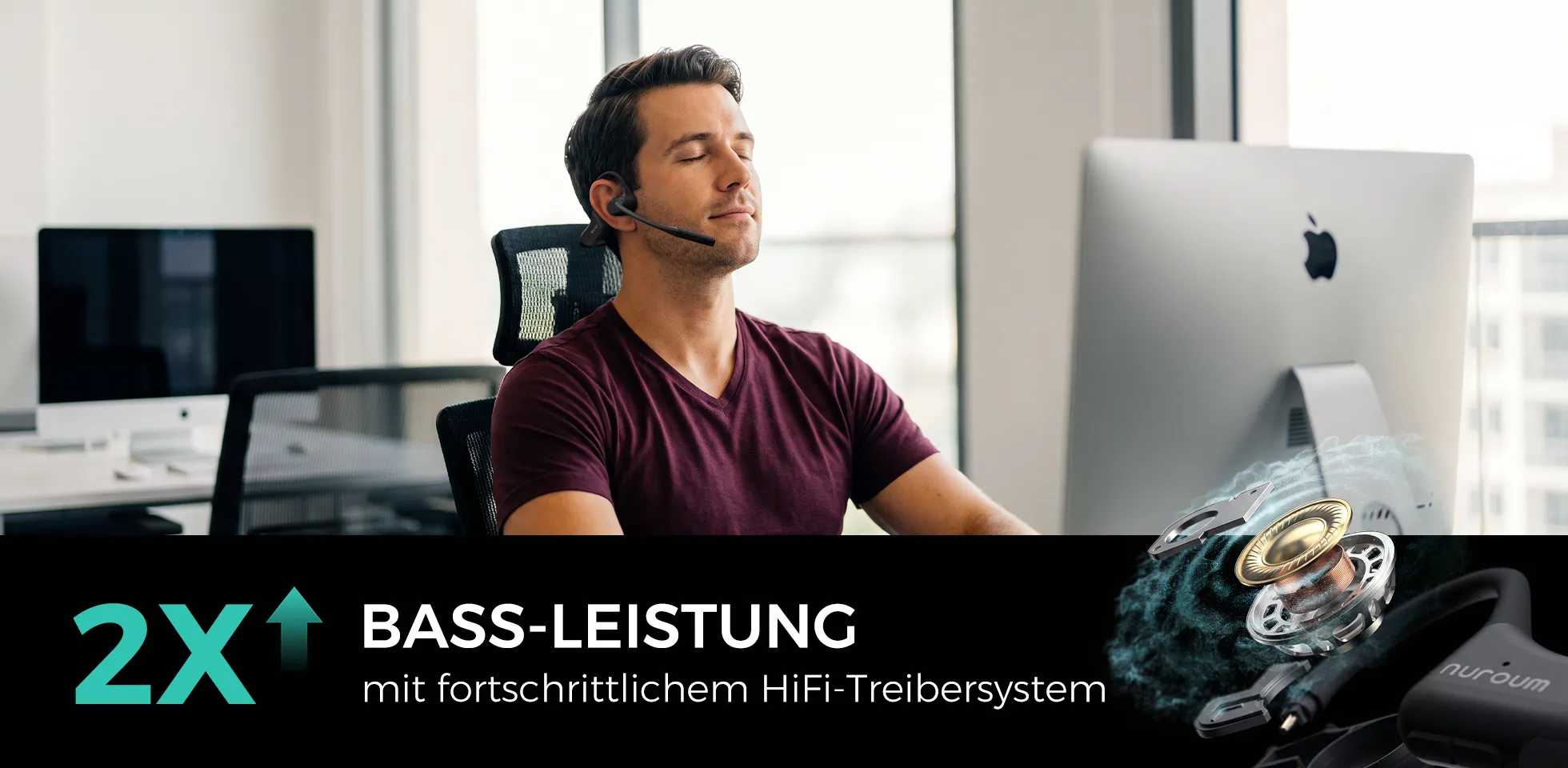 Ein Berufstätiger hört während der Arbeit Musik mit dem Nuroum Open-Ear-Bluetooth-Headset, das mit einem fortschrittlichen HiFi-Treibersystem für kräftigere Bässe ausgestattet ist.