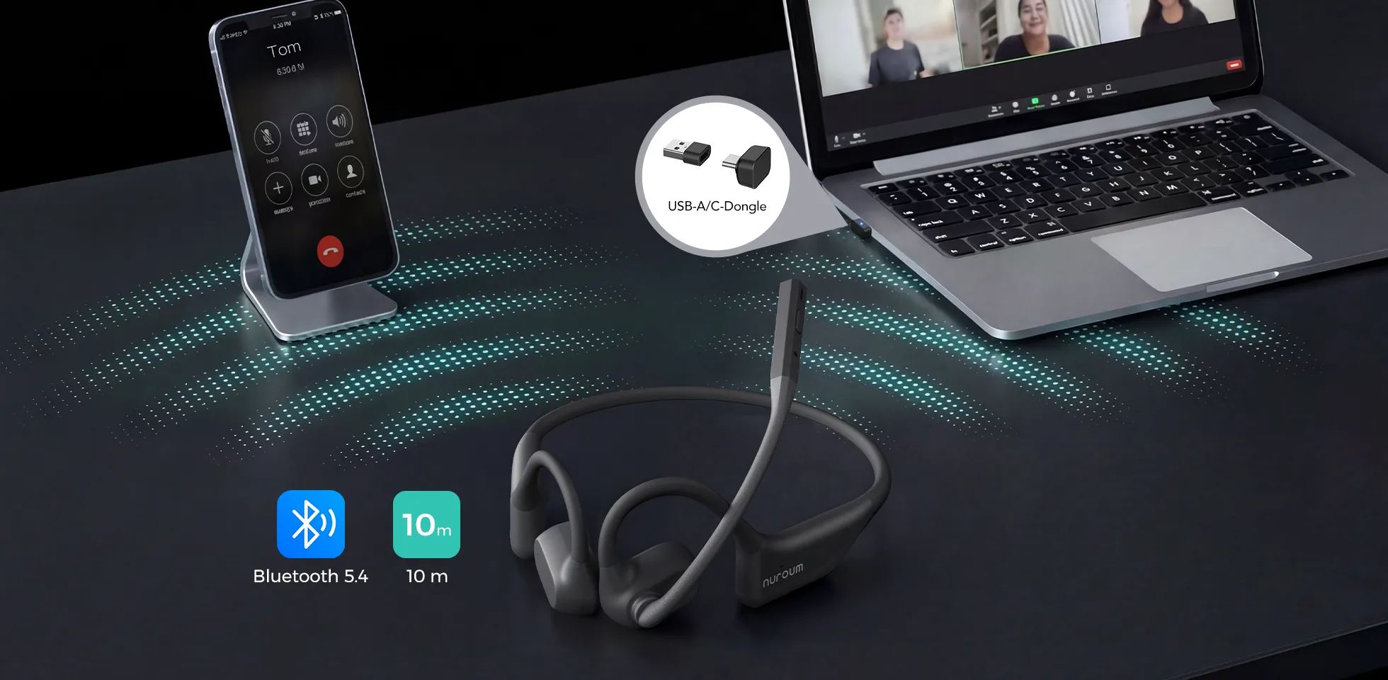 Kabelloses Open-Ear-Bluetooth-Headset mit geräuschunterdrückendem Mikrofon, das sich für Bürotelefonate über eine Entfernung von bis zu 10 m gleichzeitig mit Smartphone und Laptop verbindet.