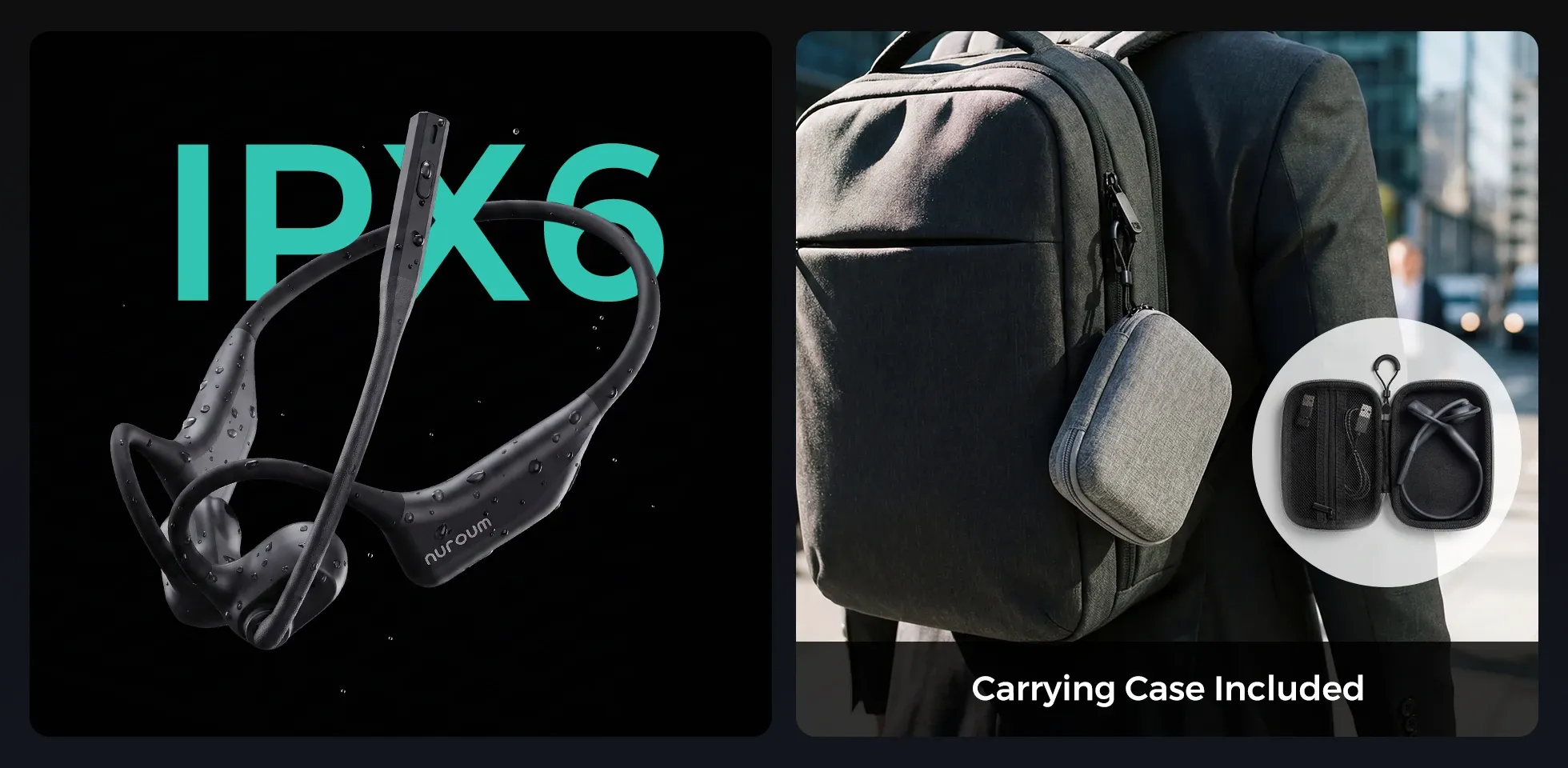 IPX6 water-resistant Nuroum open-ear headset with noise cancelling mic, shown alongside an included portable carrying case attached to a commuter backpack.