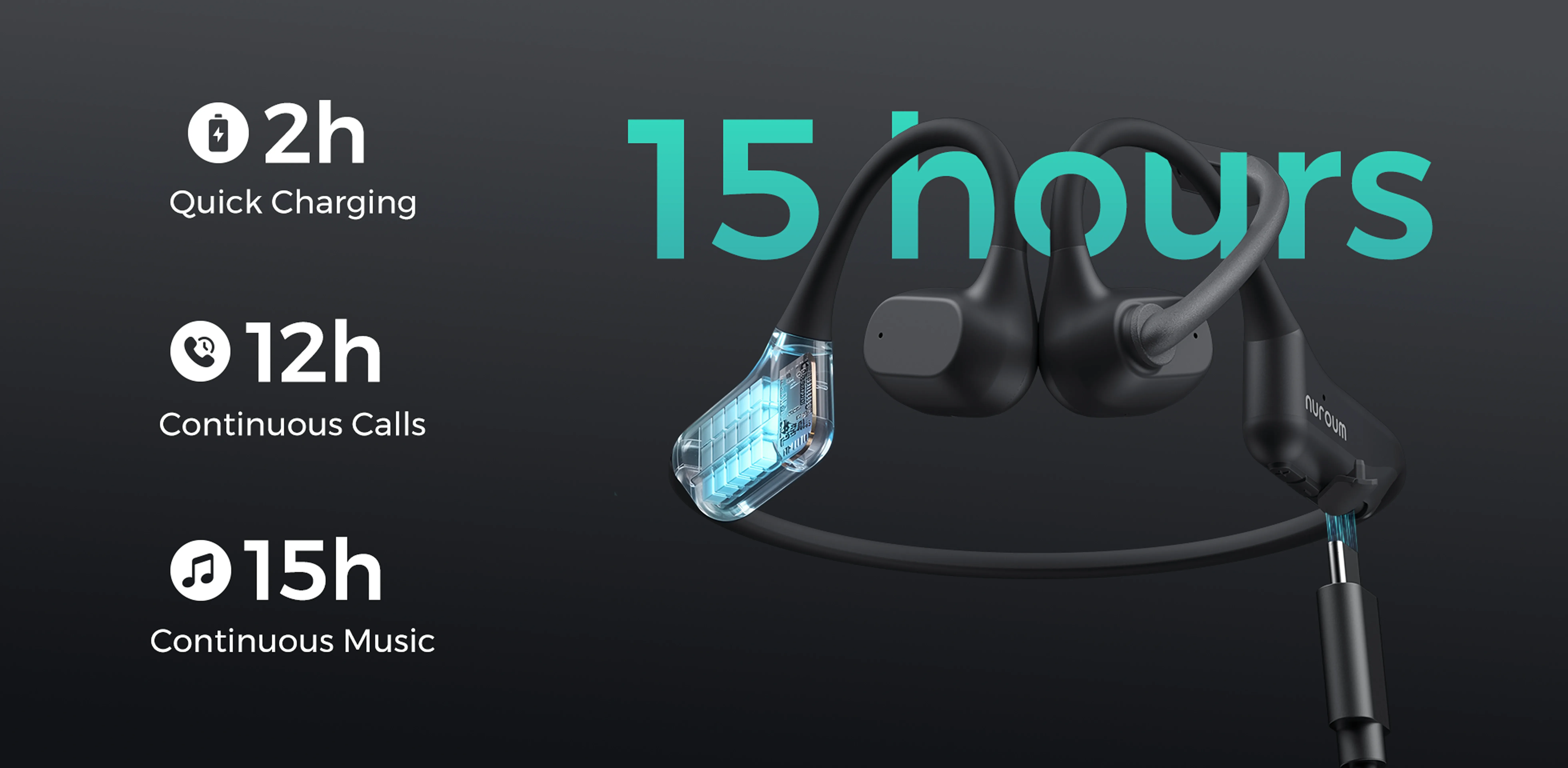 Nuroum open-ear bluetooth headset for work and office with noise cancelling mic, featuring 15 hours battery life and quick charging.