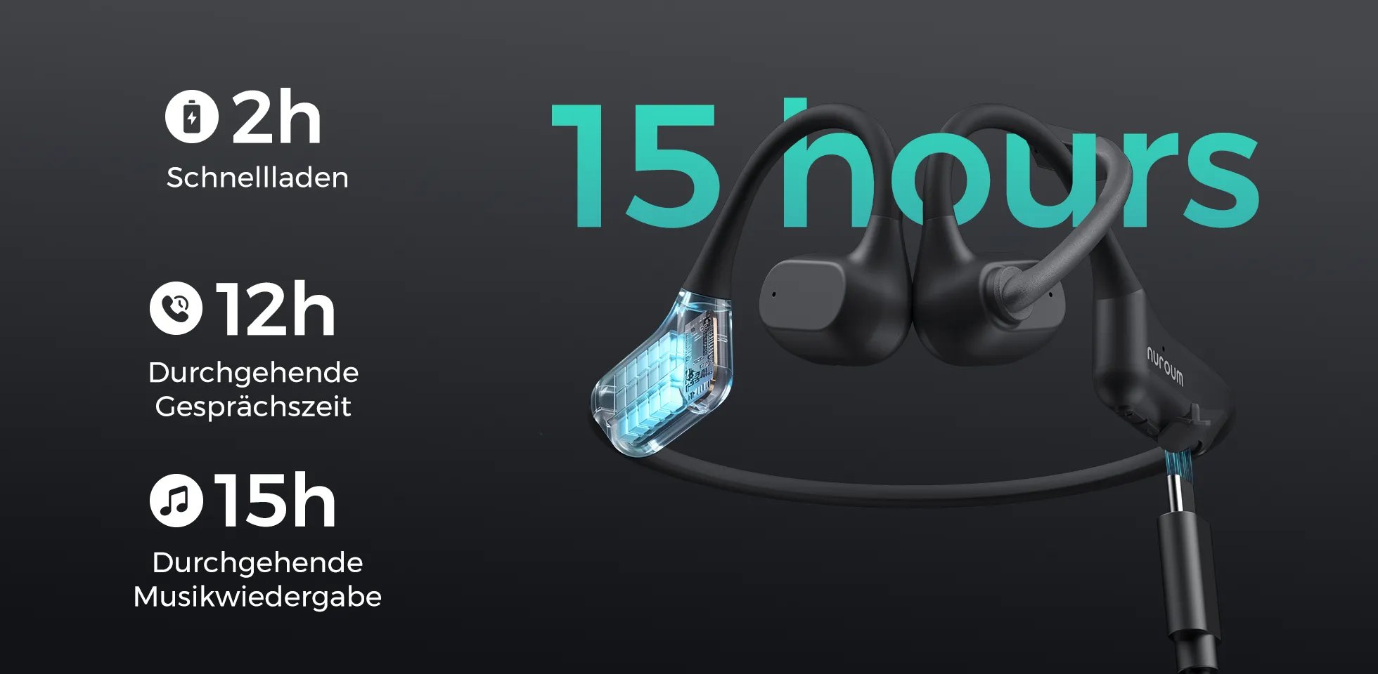 Nuroum Open-Ear-Bluetooth-Headset für Arbeit und Büro mit geräuschunterdrückendem Mikrofon, bis zu 15 Stunden Akkulaufzeit und Schnellladefunktion.