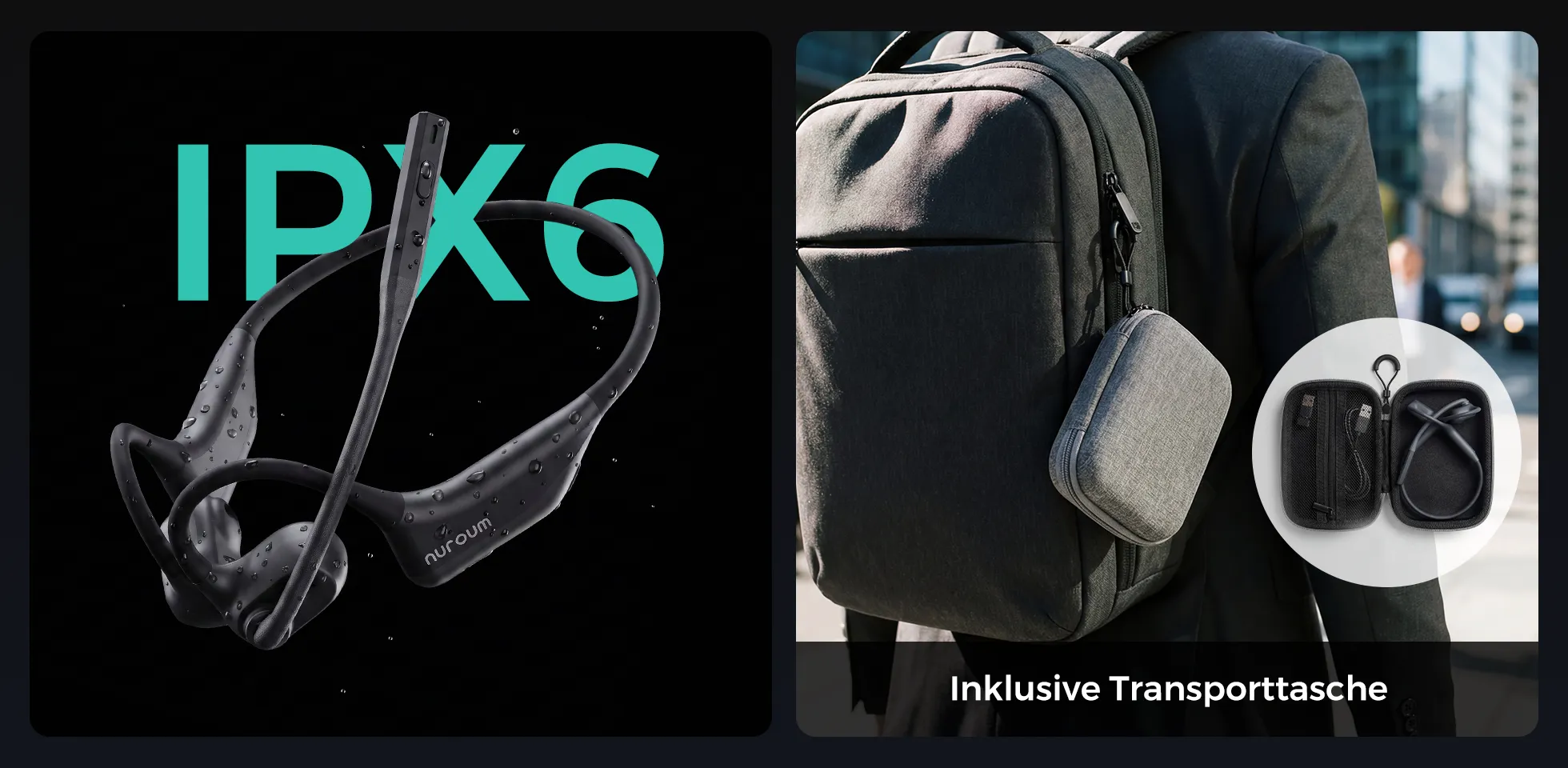 Wasserbeständiges Nuroum Open-Ear-Headset mit IPX6 und geräuschunterdrückendem Mikrofon, zusammen mit der mitgelieferten Tragetasche an einem Rucksack.