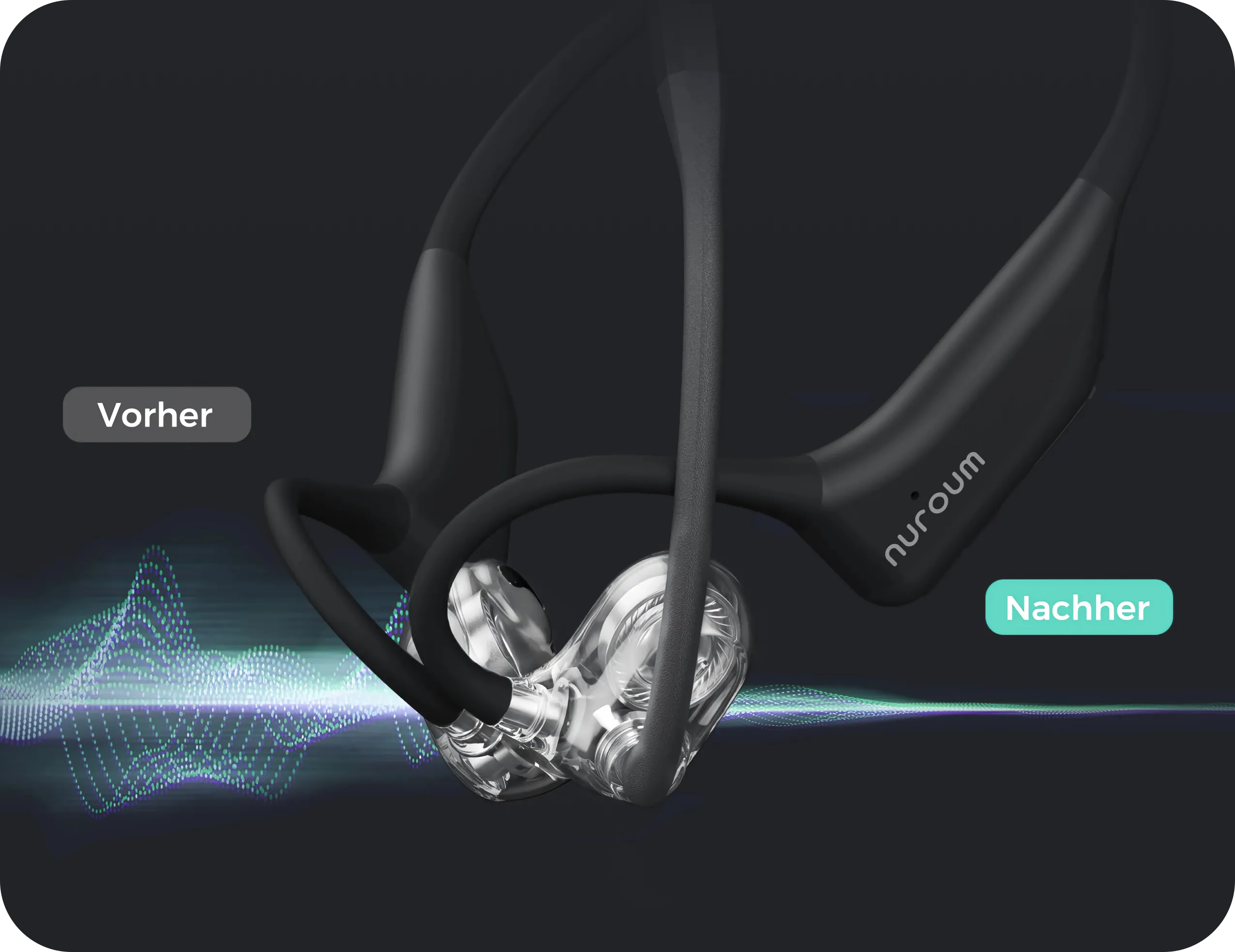 Wellenformvergleich der KI-gestützten Umgebungsgeräuschunterdrückung des Nuroum-Headsets vor und nach der Audioverarbeitung.