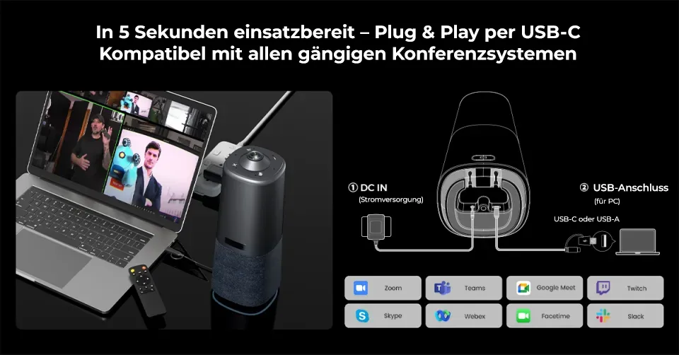 5-Sekunden-Setup, Plug & Play per USB-C. Kompatibel mit gängigen Konferenzsystemen