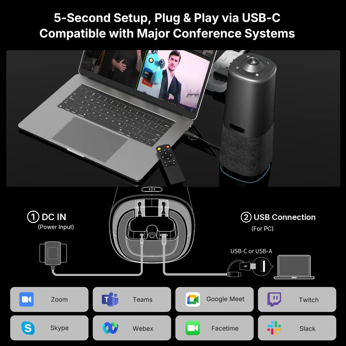 Nuroum 360 Pro C50 connected to a laptop through USB-C with video conferencing app compatibility