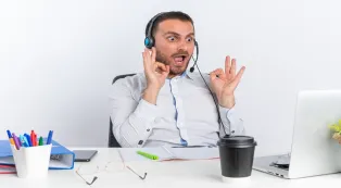 Man wearing a headset with a microphone during a video call