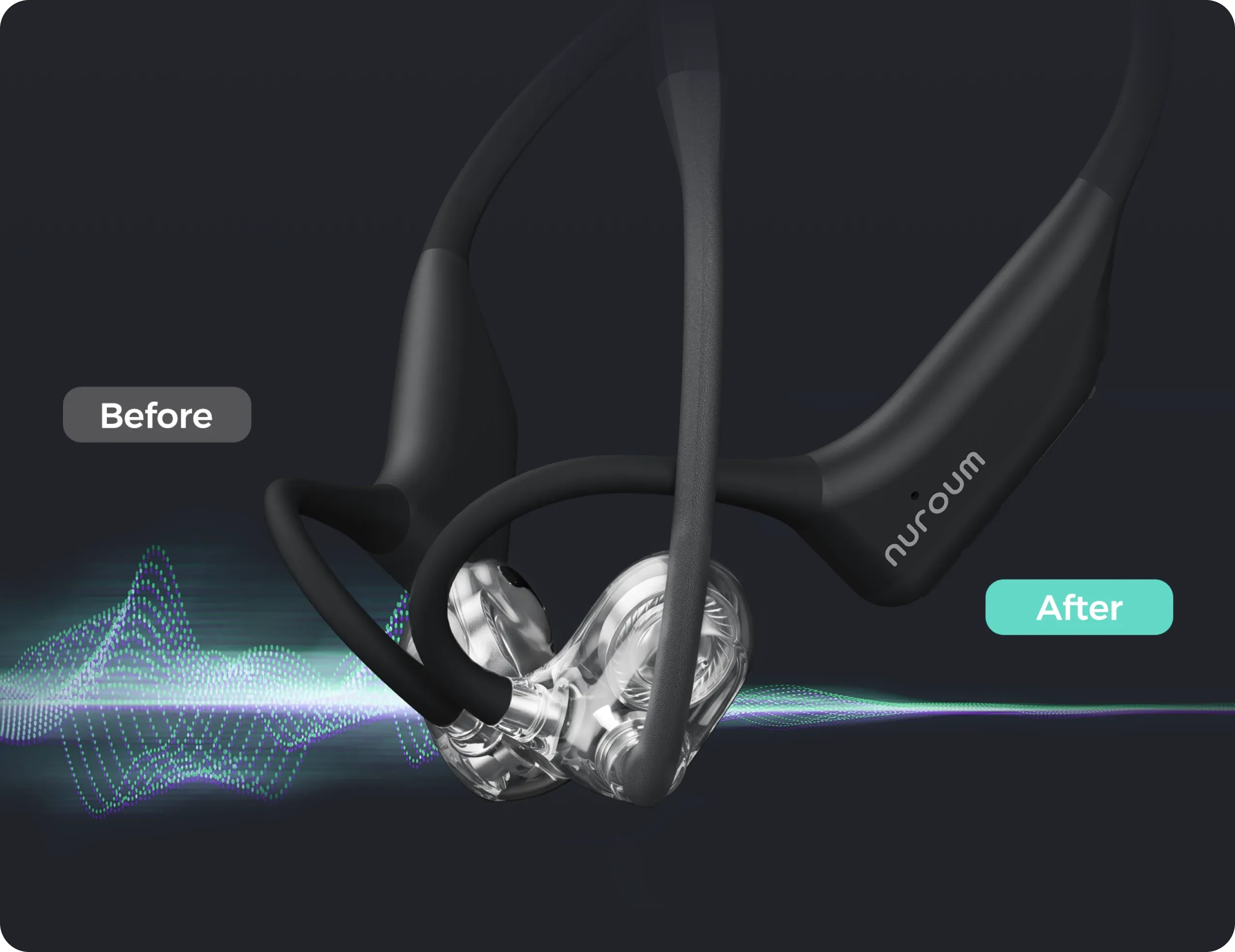 Comparison waveform showing Nuroum headset's AI environmental noise cancellation before and after audio processing.