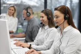 Customer service agents working in a call center wearing headsets