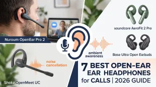 Split view of Nuroum Pro 2 (home office ENC) and Shokz UC (noisy office boom mic). Title: '7 BEST OPEN-EAR HEADPHONES for CALLS | 2026 GUIDE'.