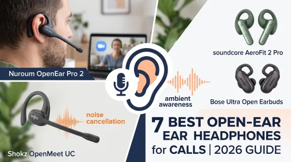 Split view of Nuroum Pro 2 (home office ENC) and Shokz UC (noisy office boom mic). Title: '7 BEST OPEN-EAR HEADPHONES for CALLS | 2026 GUIDE'.