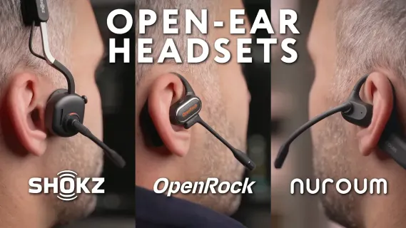 A side-by-side display of three professional open-ear headsets: the Shokz Open Meet with its stainless steel headband, the OpenRock Link 20 featuring independent ear hooks, and the Nuroum OpenEar Pro 2 with a snug neckband design.