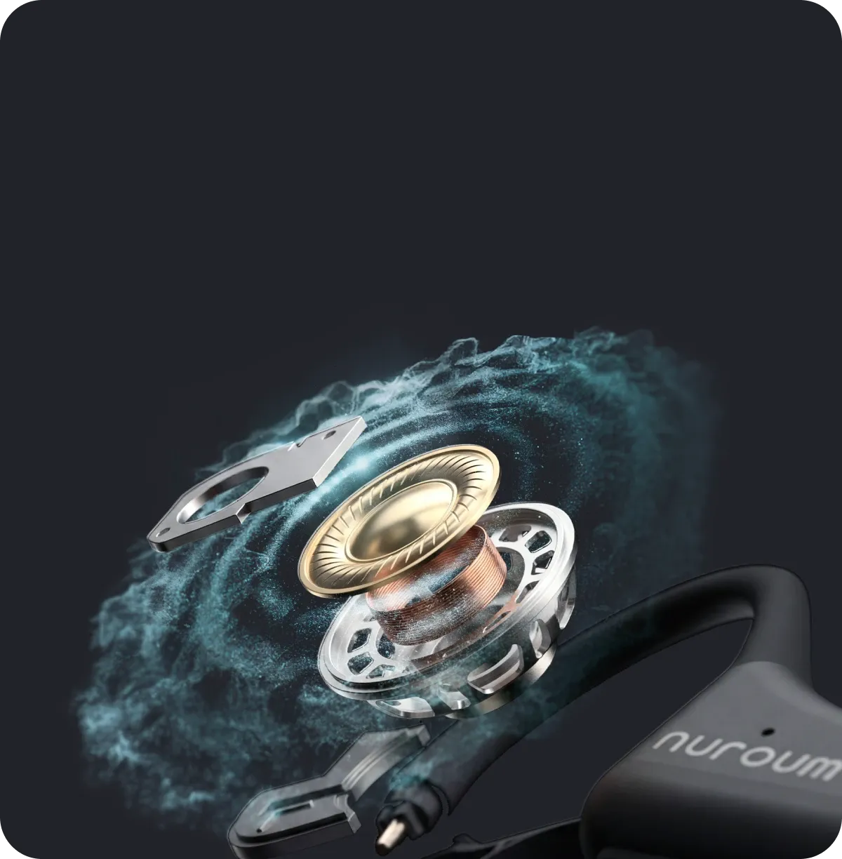 Exploded view of dynamic speaker driver and acoustic diaphragm inside the Nuroum open-ear headset.