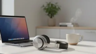 A modern work-from-home desk setup featuring a pro-level noise-canceling work headset placed next to a laptop and a steaming mug, perfect for users seeking noise-canceling headphones for working from home during prime day.