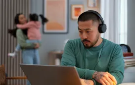 he is using headphones raycon