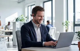 a business male is buying best headset for remote work online
