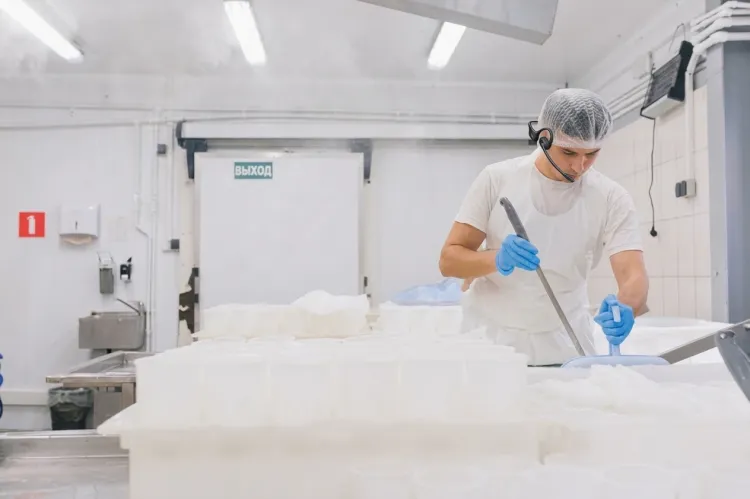 Male food processing worker wearing a single-ear headset with microphone, hairnet, apron, and gloves while working in a refrigerated dairy or food production room.