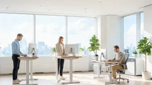 Bright modern office workspace with ergonomic furniture and large windows showing a collaborative yet organized environment