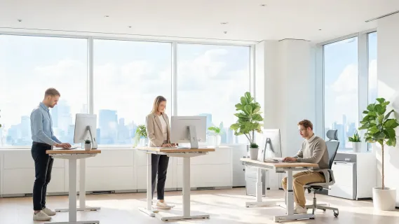 Bright modern office workspace with ergonomic furniture and large windows showing a collaborative yet organized environment
