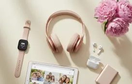 A collection of rose gold tech accessories including a smartwatch and headphones, making them some of the mothers day best gifts.
