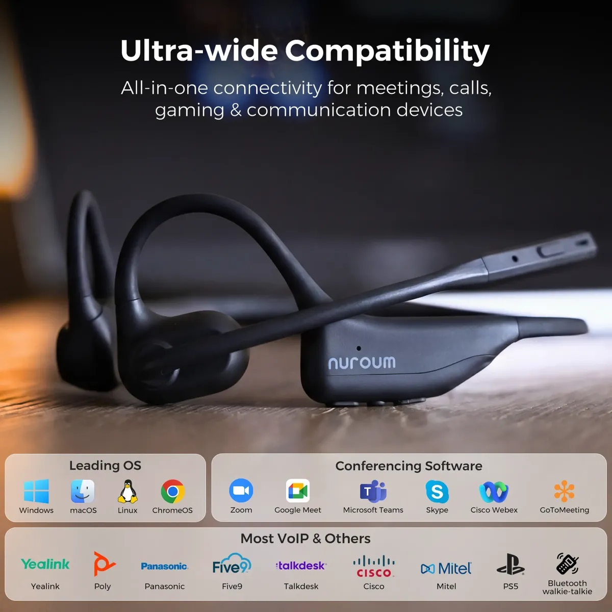 there are three open ear wireless headphones with microphone​ in the photo