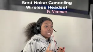 A woman wearing a wired headset with a microphone, featured in a video review for the best noise canceling wireless headset by Nuroum.