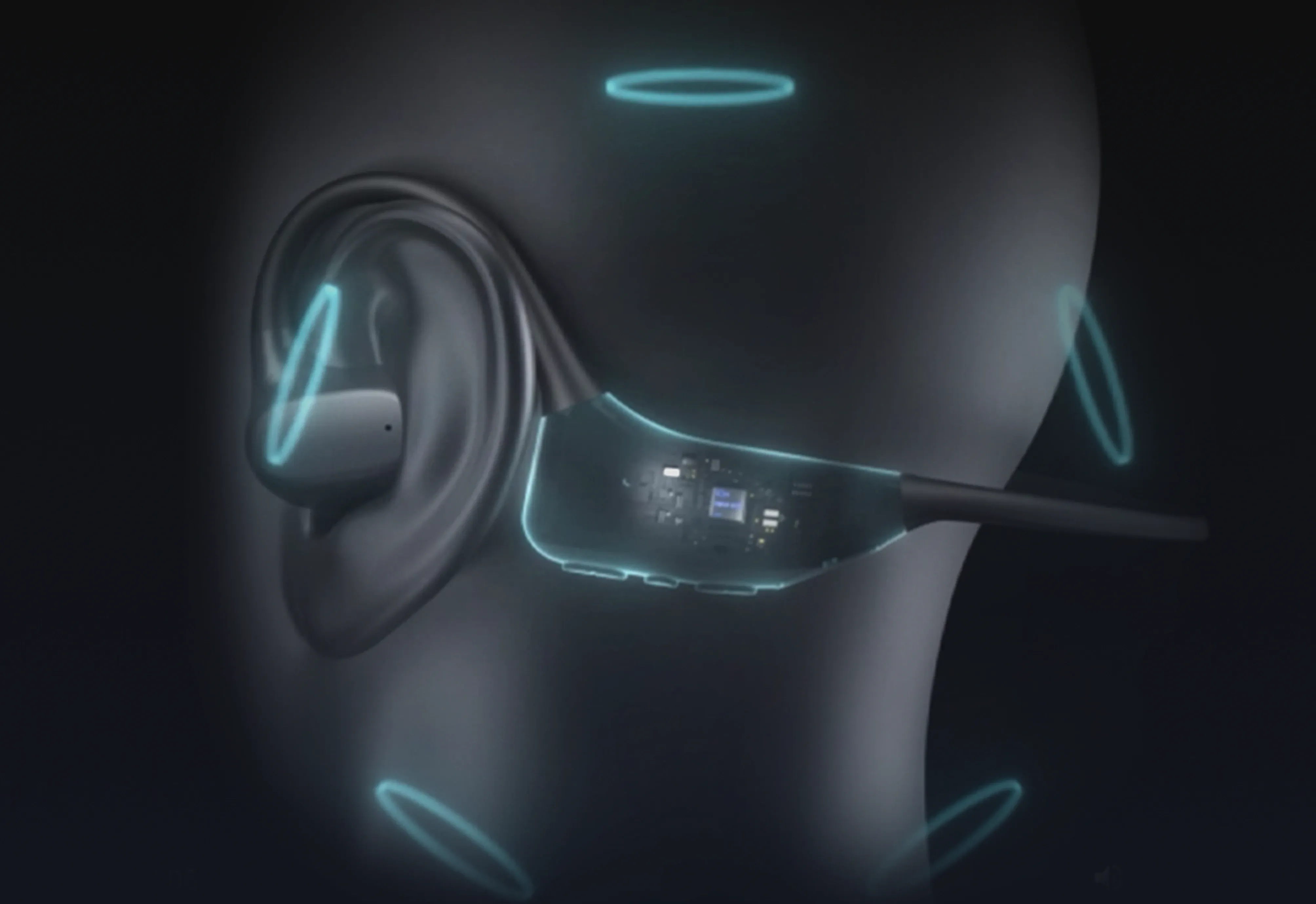 3D graphic showing the internal processing chip and spatial audio field of the Nuroum open-ear headset on a mannequin head.