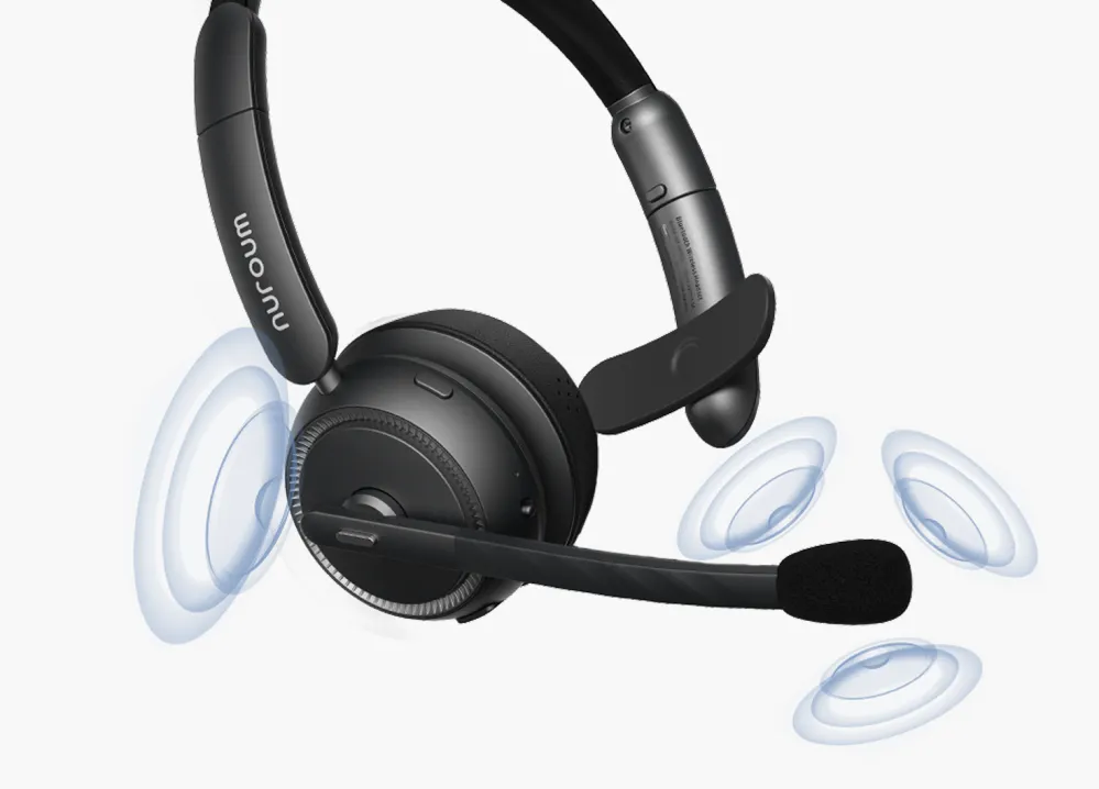 Single ear wireless headset with mic for PC featuring a 2-Mic AI system that suppresses background noise for professional clear calls.