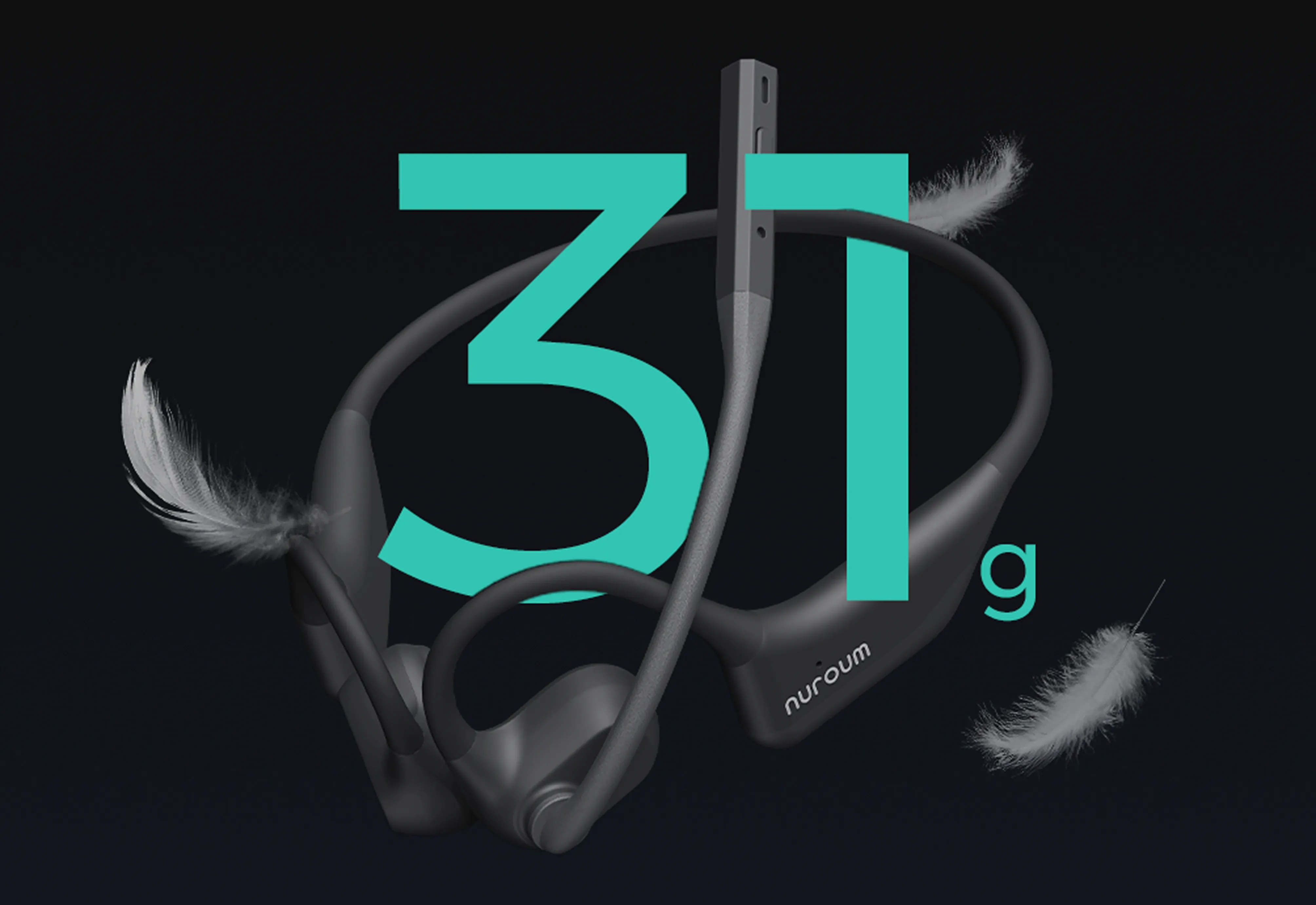 Nuroum open-ear headset surrounded by floating feathers, highlighting its ultra-lightweight 31g build.