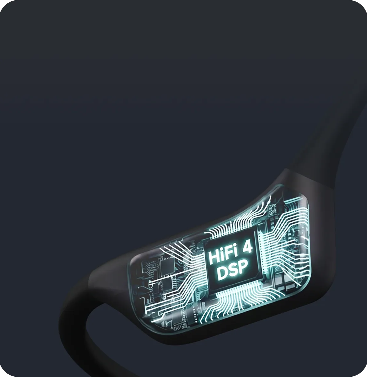 Internal structure of Nuroum open-ear headset featuring a high-performance HiFi 4 DSP audio processing chip.