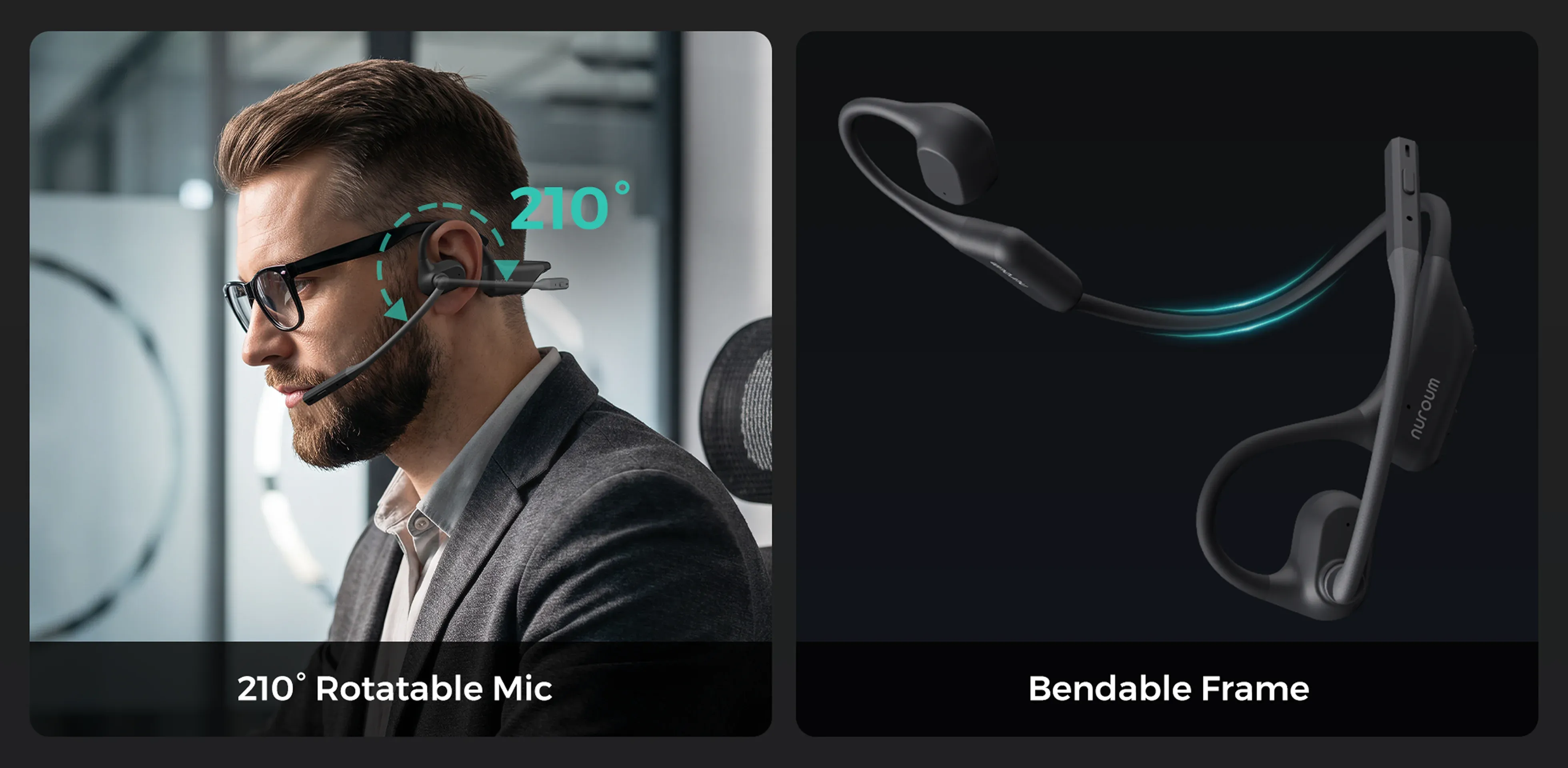 A professional wearing glasses and adjusting the 210-degree rotatable boom microphone on a Nuroum OpenEar Pro open-ear headset with mic, beside a close-up of its flexible, bendable frame.