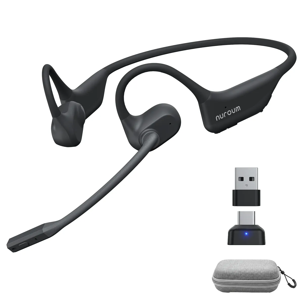 Black Nuroum wireless open ear headphone with mic, featuring a boom microphone, USB-A dongle, Type-C adapter, and a gray carrying case on a white background.