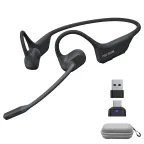 Black Nuroum wireless open ear headphone with mic, featuring a boom microphone, USB-A dongle, Type-C adapter, and a gray carrying case on a white background.
