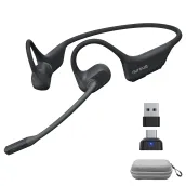 Black Nuroum wireless open ear headphone with mic, featuring a boom microphone, USB-A dongle, Type-C adapter, and a gray carrying case on a white background.