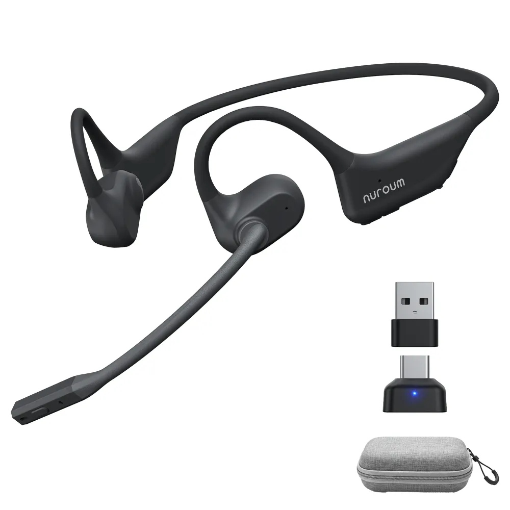 Black Nuroum wireless open ear headphone with mic, featuring a boom microphone, USB-A dongle, Type-C adapter, and a gray carrying case on a white background.