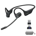 Black Nuroum wireless open ear headphone with mic, featuring a boom microphone, USB-A dongle, Type-C adapter, and a gray carrying case on a white background.