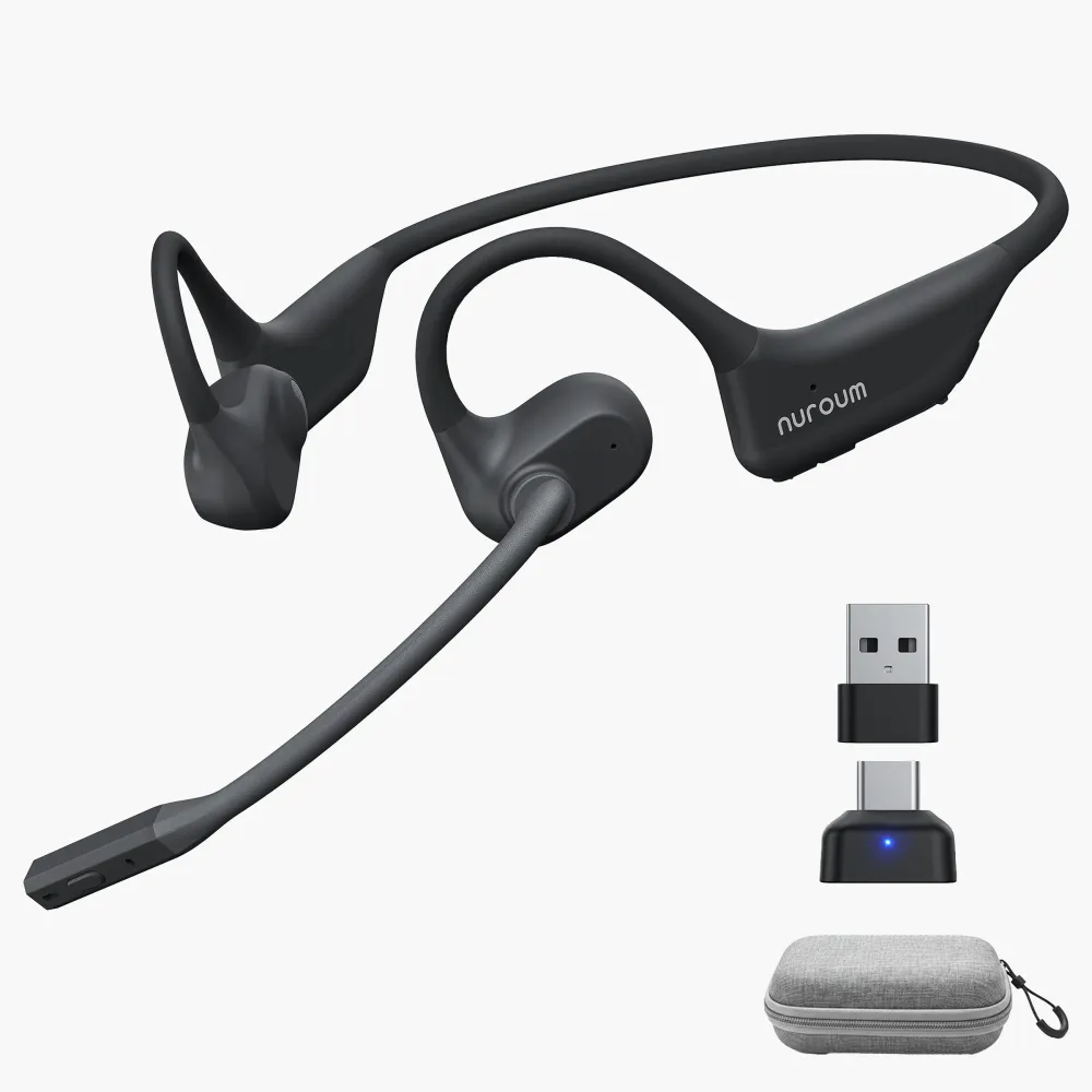 Black Nuroum wireless open ear headphone with mic, featuring a boom microphone, USB-A dongle, Type-C adapter, and a gray carrying case on a white background.