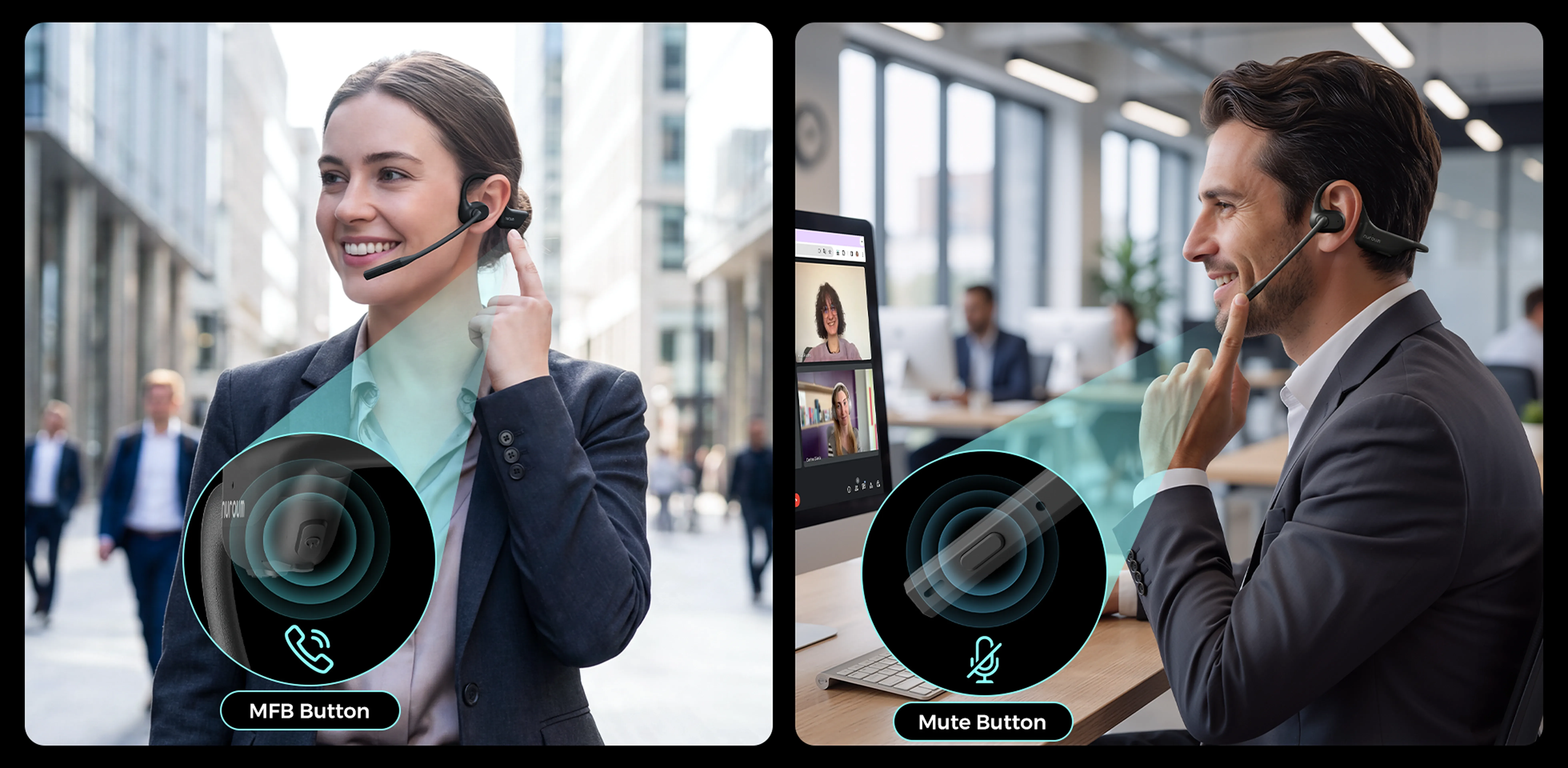 Nuroum open-ear bluetooth headset for work and office, highlighting easy-access MFB call control and boom mic mute buttons.