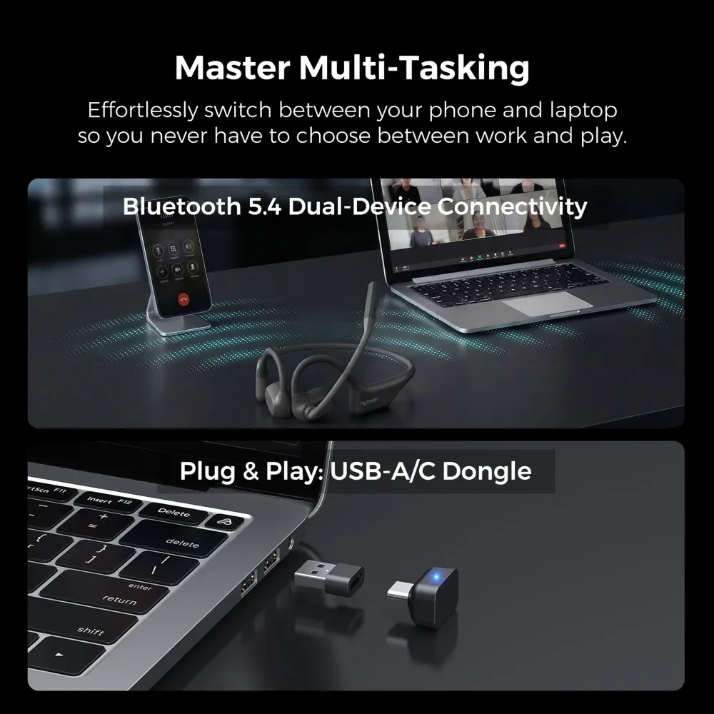 Wireless open ear headphones featuring Bluetooth 5.4 dual-device connectivity and USB-A/C plug & play dongle for seamless multi-tasking.