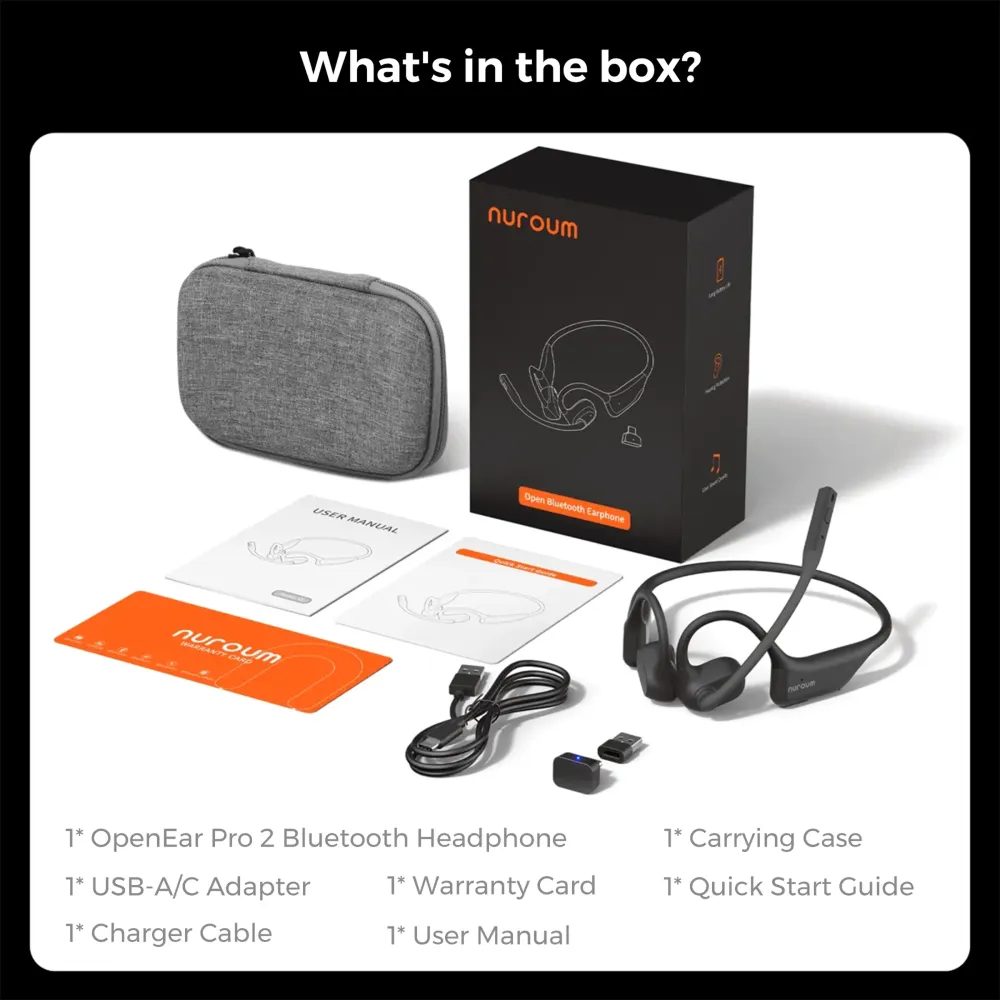 Open ear wireless headphone with microphone box contents including carrying case, USB adapter, and OpenEar Pro 2 headset.