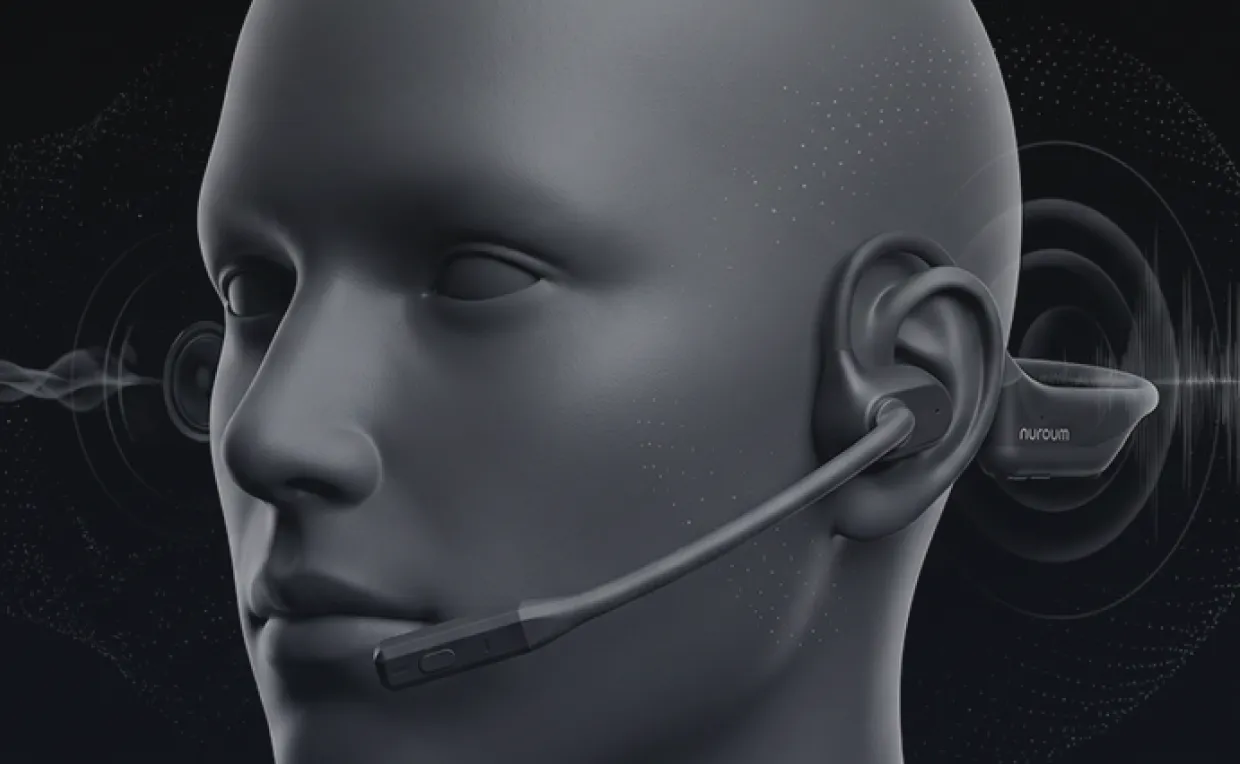 Open ear headset worn outside the ear, keeping the wearer aware of their surroundings
