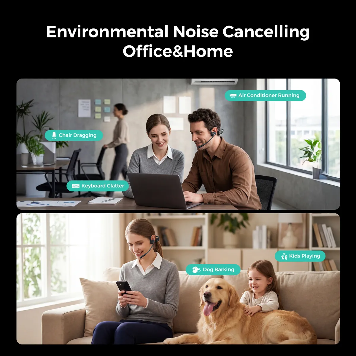 A split screen showing a professional man using an open ear headphone with mic in a noisy office and a woman wearing a wireless open ear headphone at home with a barking dog.