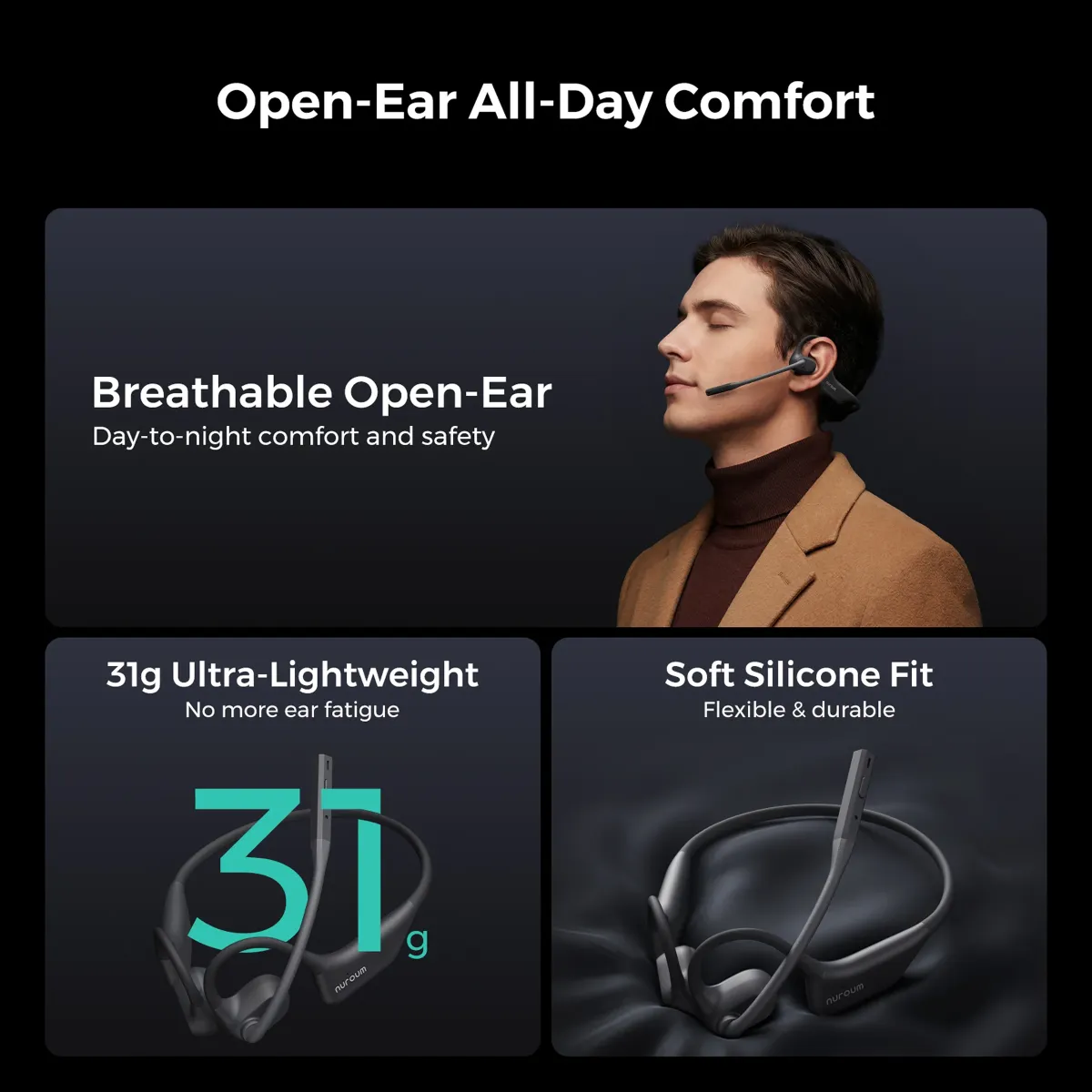 Bluetooth headphone open ear design with 31g ultra-lightweight and soft silicone fit for breathable all-day comfort.