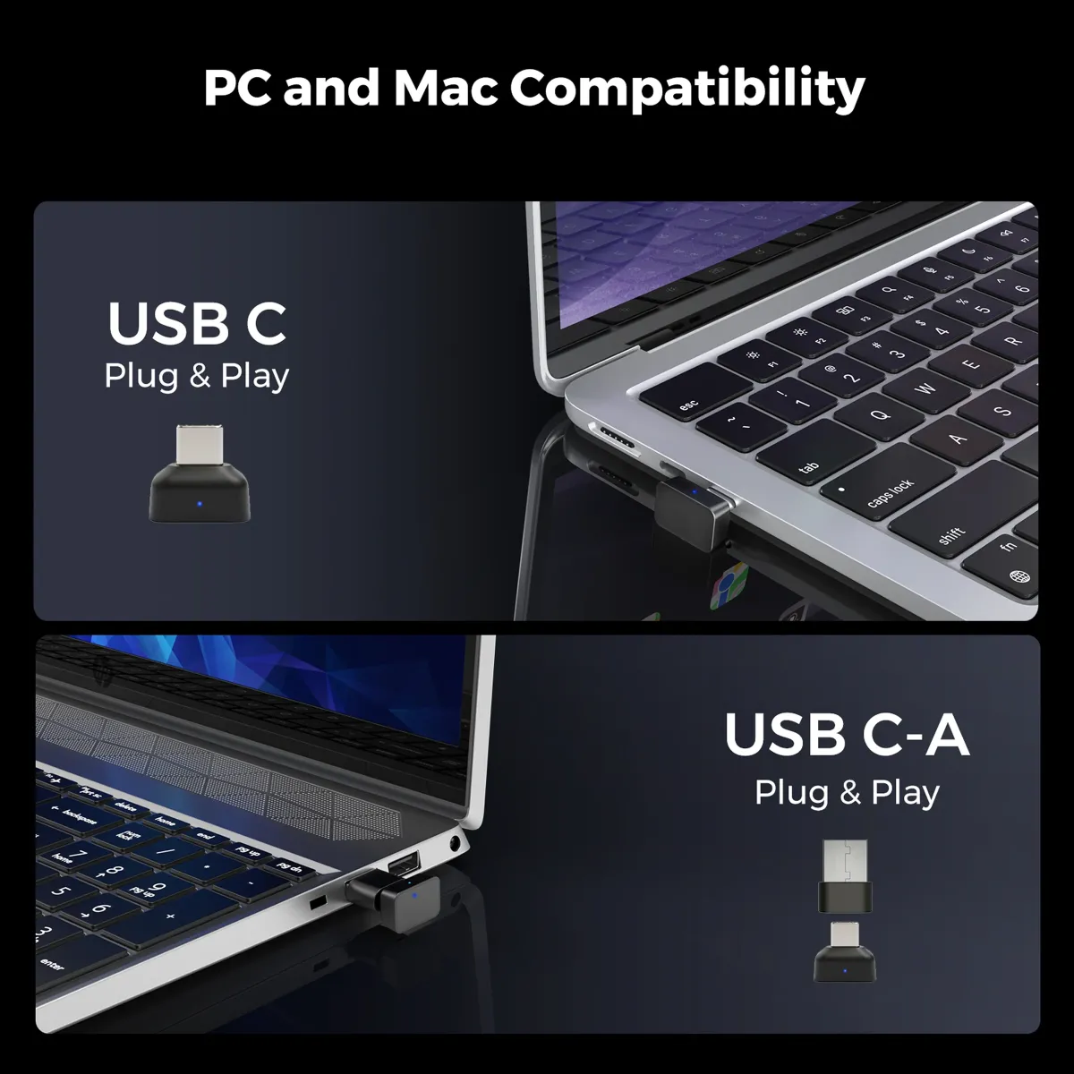 Wireless open ear headphone with USB C-A dongle for plug-and-play compatibility on PC, Mac, and laptops.