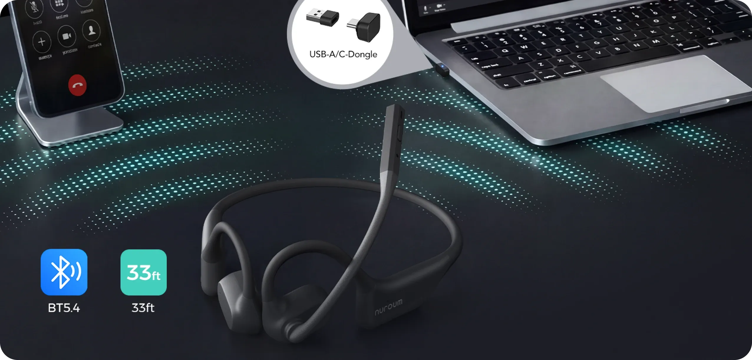 Nuroum open-ear headset with Bluetooth 5.4, 33ft range, and USB-A/C dongle connected to laptop and smartphone.