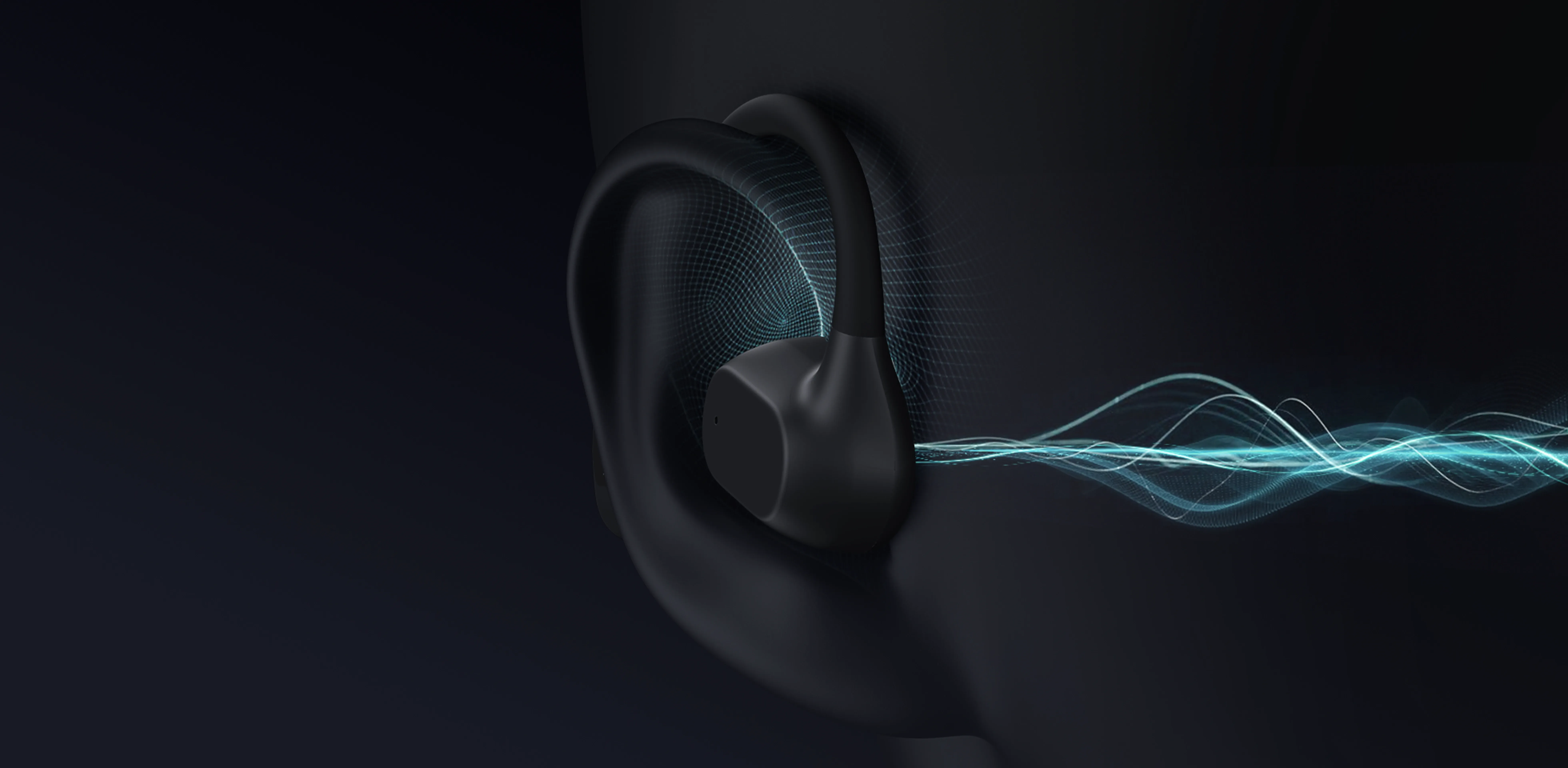 Close-up of Nuroum open-ear headset demonstrating ergonomic wrap-around fit and targeted sound wave transmission.