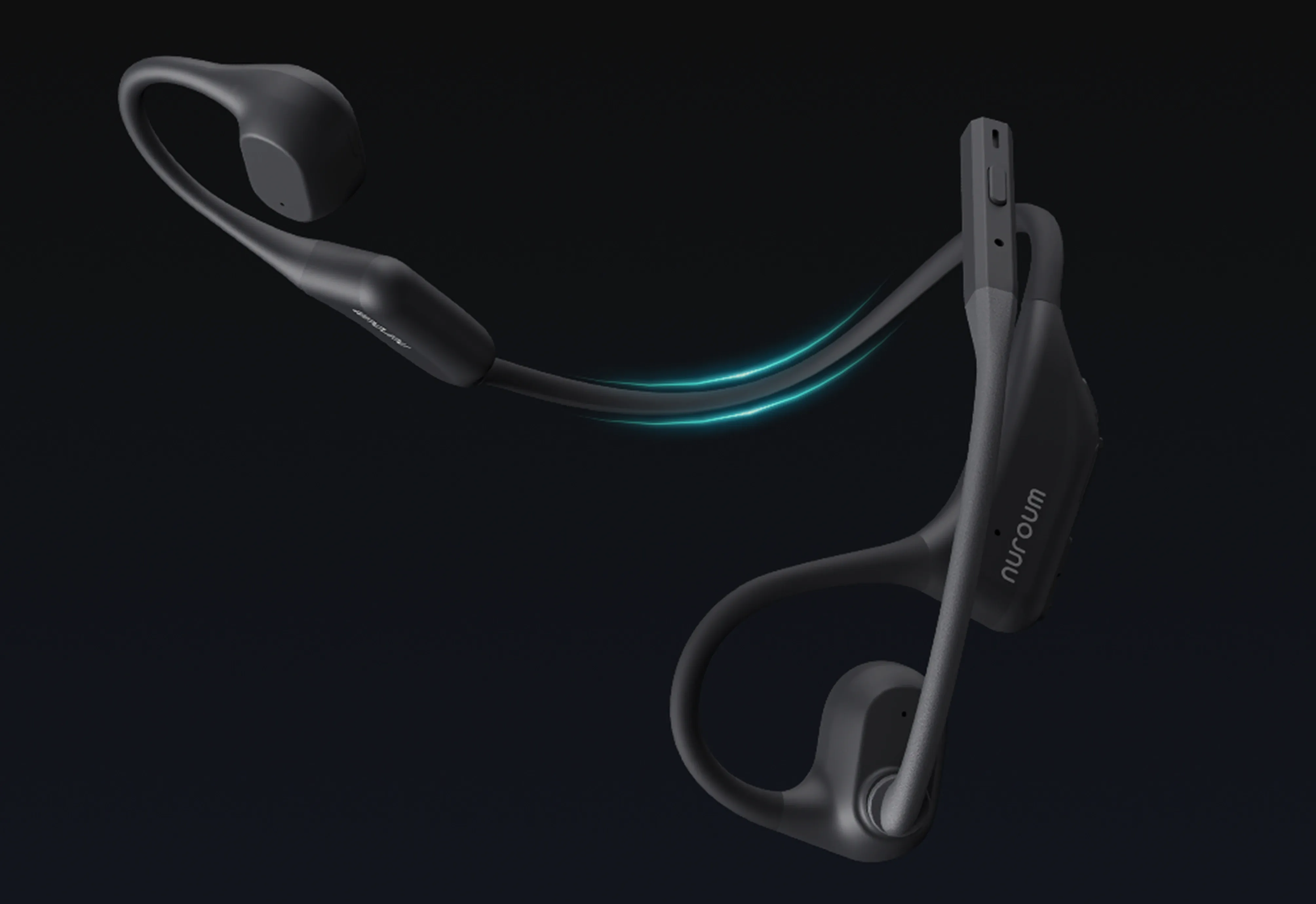 Flexible and durable titanium alloy neckband frame of the Nuroum open-ear wireless headset.