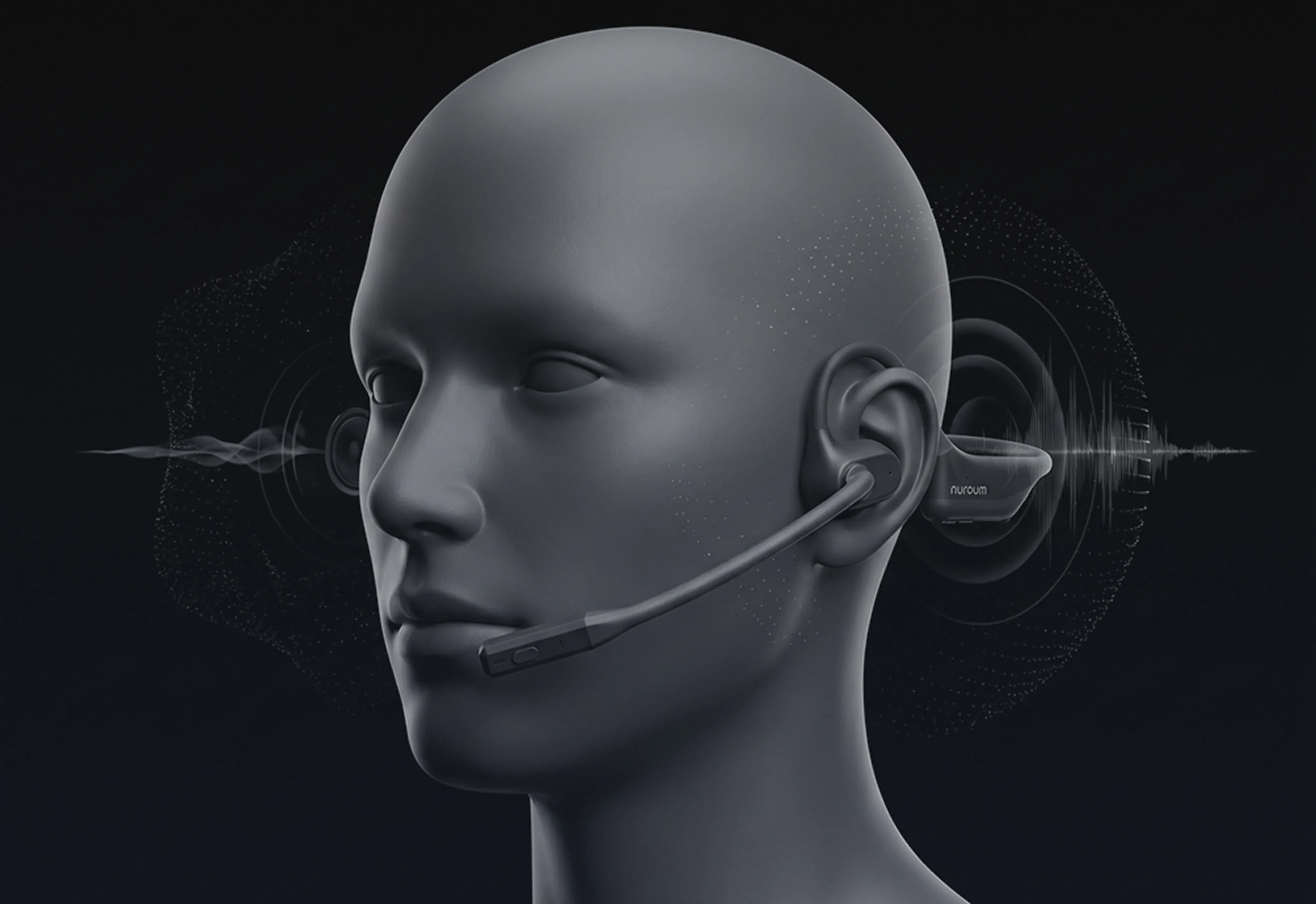 3D model simulation demonstrating the open-ear acoustic sound field and targeted boom microphone voice pickup.