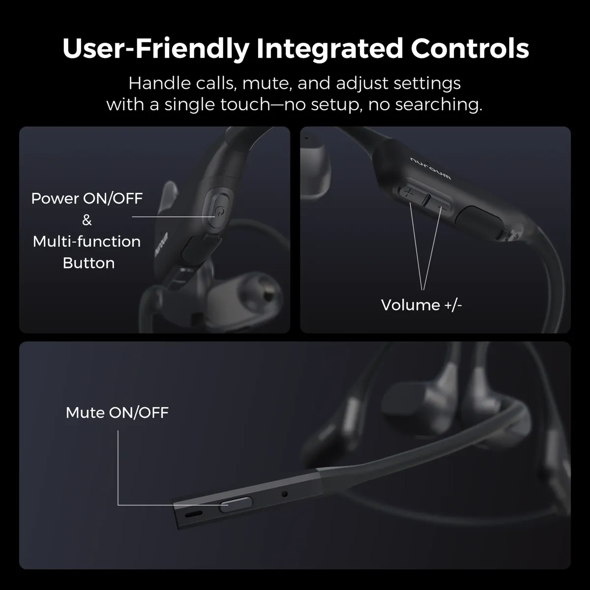 Open ear headphone with mic with convenient physical buttons for volume control, power, and instant mute ON/OFF during calls